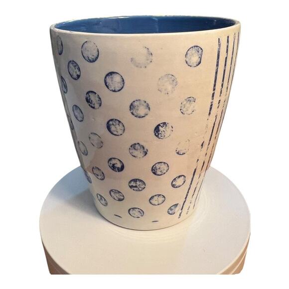 Blue & White Pottery Tumbler, Vase, Kitchen Utensil Holder/ Bird-PolkDot-Stripes - Picture 9 of 17